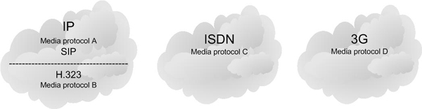 A figure showing three network clouds, one for IP with SIP and H.323, one for ISDN and one for 3G.